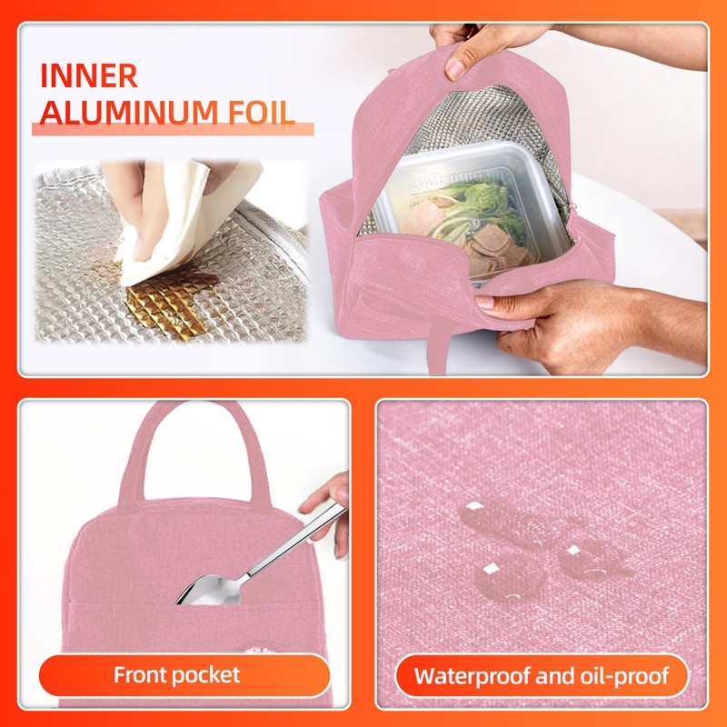 MeiLang Insulated Lunch Bag Pink Oxford Cloth Leakproof Thermal Tote