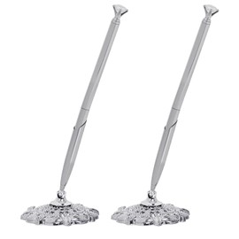 Bcxfbxd 2 Pcs Hollow Round Pen Holder with Diamond Metal Pen Stand Holder Set Signing Pen Set Signing Desk Ballpoint Pens for Guest Book Wedding Birthday Graduation Teacher Office Business (Silver)
