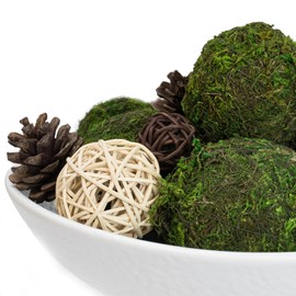 NAHARO Elegant White Ceramic Bowl with Moss Ball Set-10 Decorative Bowl with 16pc Decorative Balls for Farmhouse Table Centerpiece, Living Room or Home Decor