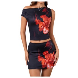 Verdusa Women's 2 Piece Floral Outfit Y2k One Shoulder Ruched Crop Tops Short Bodycon Skirt Set Red and Black Medium
