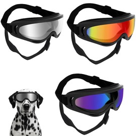 Dog Sunglasses Set – 3pcs Pet Goggles in Red, Silver, and Rainbow, Adjustable Strap Design with Foam Padding – UV Eye Protection for Large Dogs, Outdoor Travel, Surfing, Hiking, Motorcycle R