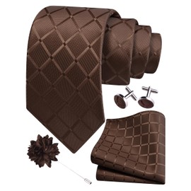 Gusleson Mens Dark Brown Tie for Wedding Solid Silk Plaid Checkered Necktie Pocket Square Cufflinks and Lapel Pin Brooch Set (UK6104-22)