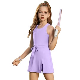 Girls Sleeveless Tennis Dress Tank Top Skorts Skirts High Waist Side Slit Outfit Athletic Sets with Shorts Pockets, 10-11Y Purple