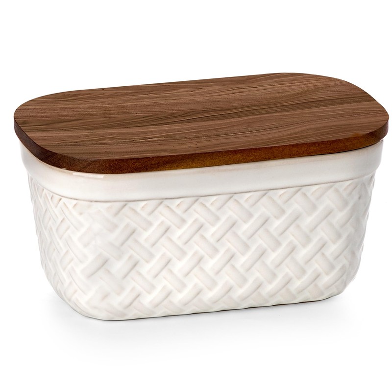 Nucookery Ceramic Butter Dish, Embossed Butter Keeper with Wood Lid