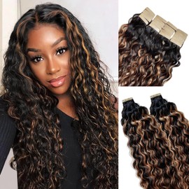 Ombre Auburn Tape in Hair Extensions Human Hair for Black Women, 20pcs 50g 18inch Nature Black to Medium Auburn Remy Hair Extensions Full Head Water Wave Human Hair Tape ins Extension Skin Weft