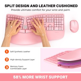 MEETION Ergonomic Keyboard and Mouse, 2.4G USB Wireless Split Keyboard with Soft Palm Rest, 4 DPI Adjustable Vertical Mouse, Full Size Rechargeable Windows/Mac/Computer/Laptop, Pink
