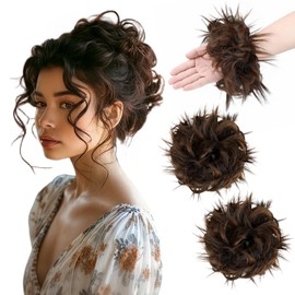 Qunlinta 2 PCS Large Messy Bun Hair Piece, Thick Tousled Updo Wavy Curly Hair Bun Scrunchies Extensions Synthetic Chignon Updo Hairpieces for Women Girls Dark Brown Mix Light Auburn