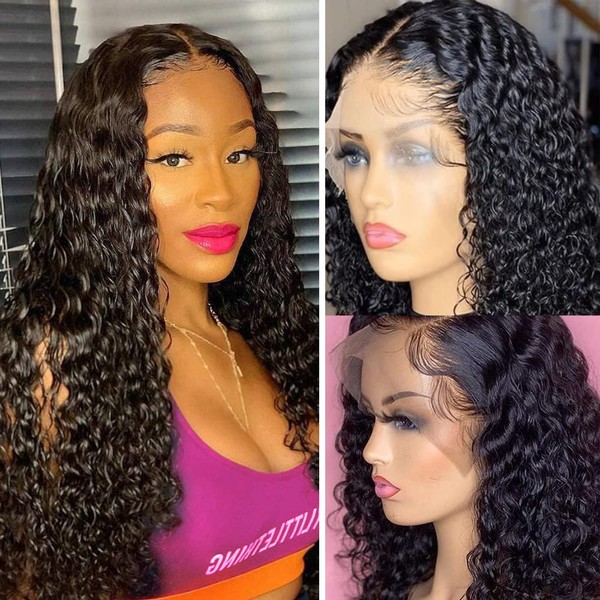 Curly Human Hair Wig 13 x 4 Lace Front Wigs Water Wave Curly Real Hair Wig for Women Black Wigs 100% Brazilian Real Hair Wigs with Baby Hair 150% Density 26 Inches