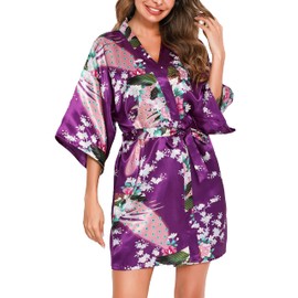 Vlazom Women Kimono Robes Satin Dressing Gown Peacock and Blossoms Nightwear Short Silk Bride Bridesmaid Robe Purple,S