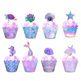 48pcs Mermaid Cupcake Toppers and Mermaid Theme Cupcake Wrappers Set Mermaid Cupcake Decorations Cupcake Picks Sea Theme Birthday Decorations for Kids Boys Girls Baby Shower Party Supplies