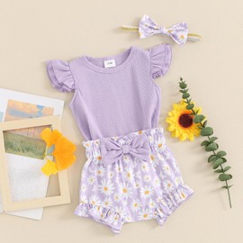 Hnyenmcko Newborn Baby Girl Clothes Daisy Print Fly Sleeve Romper Ruffle Bloomer Shorts Headband Set Infant Summer Outfits (B-A Purple, 3-6 Months)