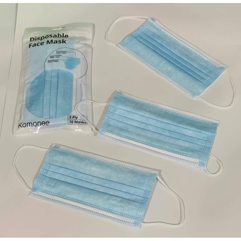 Komonee 10 x Face Mask 3 Ply Disposable Blue Dustproof
