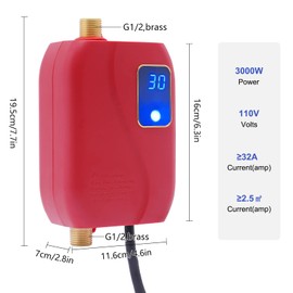 CNCEST Tankless Water Heater, 110v 3000w Ipx4 Waterproof Constant Temperature Led Digital Screen Intelligent Instant Hot Water Heater, Used For Kitchen Bathroom Daily Washing (Red)