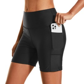 HODOSPORTS Women's 5'' Swim Shorts UPF 50+ High Waisted Board Shorts with Pockets Liner Quick Dry Swimsuit Bottoms Black M