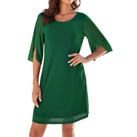 Actcat Women Casual Ruffle Dress 3/4 Sleeve Mesh Dress Loose Flowing Stretchy Elegant Evening Dress, 02 Dark Green