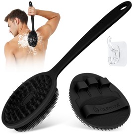 GEENOA Silicone Back Scrubber & Bath Glove Set 2PCS, 13.4'' Gentle Shower Back Scrubber with Dual-Side Head Non-Slip Handle, 360° Anti-Slip Hand-fit Bath Glove for Rich Foaming Deep Cleaning(Black)