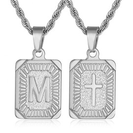 SKQIR Initial Letter Necklaces for Men,14K Silver Plated M Square Pandent Letter Necklace for Women,Cross Necklace with Letter chain Pendant for Boys