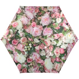 ALAZA Pink Rose White Flowers Floral Folding Umbrella for Rain Sun Travel Mini Lightweight Compact Umbrellas