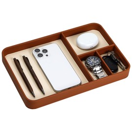 Buqoo PU Leather Valet Tray, Premium Brown Leather Stylish and Organizer Nightstand Tray, EDC Catchall, Keys, Watch, Wallet, Phone, Coin Chang, Jewellery Modern Bedside Caddy Office Desktop