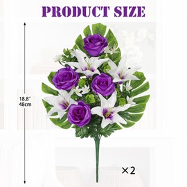Hollyone 2 Set Artificial Cemetery Flowers for Grave, Silk Purple Fake Rose Lily Bouquet Floral Arrangement Flower Outdoor Graveyard Memorial Flowers for Cemetery Headstones Funeral Vase Decoration