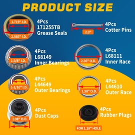 GREPSPUD 4Sets L68149 L44649 Trailer Axle Hub Bearings Kit with 171255TB Grease Seals, 1.98'' Trailer Dust Caps & Cotter Pins for 3500 lbs 1-3/8'' to 1-1/16'' #84 Spindle