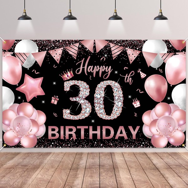 30th Birthday Backdrop Banner,BTZO Happy 30th Birthday Decorations,Rose Goldand Black Birthday Fabric Photo Backdrop Background for Men Women 30th Birthday Anniversary Party Decor,180×110cm
