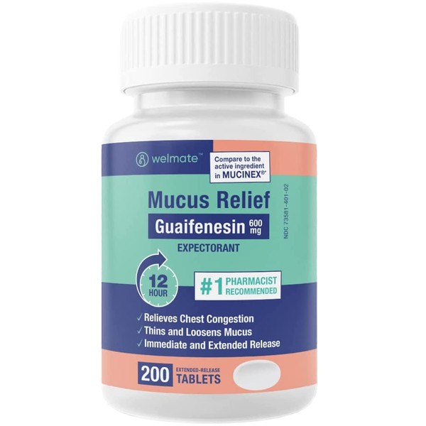 WELMATE | Mucus Relief | Guaifenesin 600mg | 12 Hr Support | Temporary Relief from Cough, Nasal & Chest Congestion, Infections, Colds, & Allergies | Expectorant | Extended-Release Tablets | 200 Ct