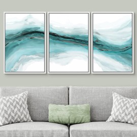 SIGNWIN Framed Canvas Print Wall Art Set Pastel Watercolor Vibrant Teal Paint Stroke Landscape Abstract Shapes Illustrations Modern Art Decorative for Living Room, Bedroom, Office - 24"x36"x3 White