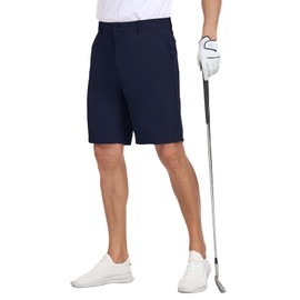MoFiz - Pantalones cortos de golf delgados y elásticos para hombre, ligeros de 9 pulgadas, frente plano, para golf, senderismo, cintura activa, marino, 34 Regular