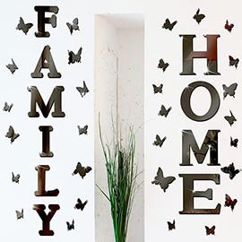 Outus 3D Family Home Sign Letters Living Room Decor Family Rustic Farmhouse Wall Decor Acrylic Mirror Decorative Butterfly Mirror Wall Sticker Decals for Living Room Bedroom Kitchen (Black)