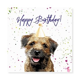 Curled Up Border Terrier Birthday Card - Party Hat