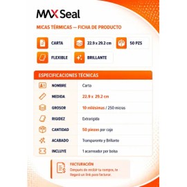 Micas Térmicas Maxseal Carta 22.9x29.2 cm  10 mil  50 pz  Brillantes                                                                                  