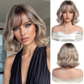 OUFEI Ombre Blonde Short Wavy Bob Wigs for Women with Bangs Natural Curly Synthetic Hair Heat Resistant Wigs for Daily Party Cosplay Wear