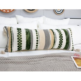 PANOD Boho Long Lumbar Throw Pillow Cover 14 x 36 Dark Green, Chenille Morocan Extra Long Pillow Case Cover, Decorative Long Pillow for Bed Couch Sofa Farmhouse