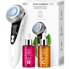 CLEOSKIN Kit Masajeador Facial de Fototerapia Luz Roja y Azul con Serum Facial de Vitamina C y Retinol. Dispositivo de Belleza Facial Reafirmante. Lifting. anti acné y anti arrugas