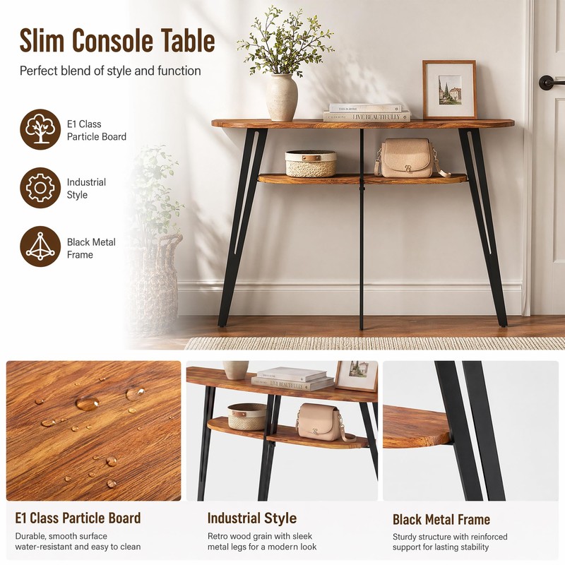 Half Moon Table for Entryway, Narrow Console Table with Shelf