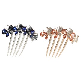 LOHGOU 2 Pcs Rhinestones Butterfly Hair Side Combs Bride Crystal Hair Combs Clips for Women Girls Long Teeth Hair Clips Hair Accessories for Wedding Party Daily (A-Blue Champagne)
