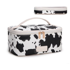 Montana West X Wrangler Travel Makeup Bag 2pcs Set Large Cosmetic Bag with Makeup Brush Holder Portable Make Up Organizer Cute Toiletry Bag with Divider and Handle for Women