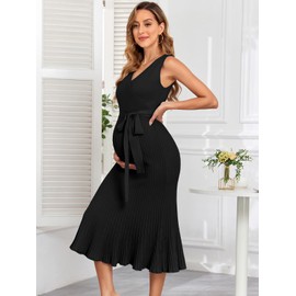 V FOR CITY Spring Summer Maternity Dress Knit Midi Pregancy Dresses 2025 Casual Nursing Clothes Sleeveless Black Medium