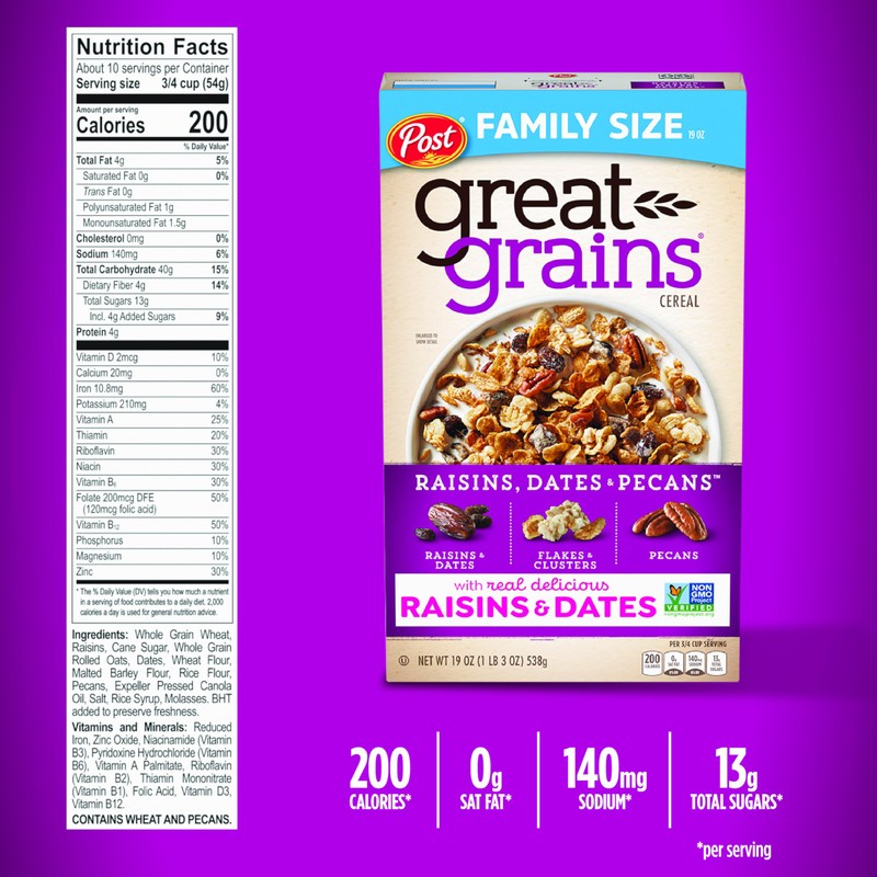 Post Great Grains Raisins Dates and Pecans Breakfast Cereal, Raisin