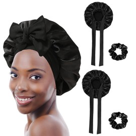 EOAMGO Satin Bonnet, 2Pcs Silk Bonnet for Sleeping and Hair Band, Adjustable Satin Hair Bonnet for Sleeping, Night Hair Sleep Cap with Elastic Band, Hair Bonnet with Tie Band for Straight, Curly Hair