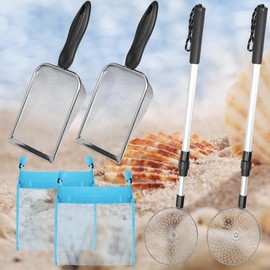 MBJZSL 6pcs Shelling Tools for Beach Include Sand Sifter with Extra Long Adjustable Handle, Mesh Beach Bag Beach Mesh Shovel, Sand Scoop for Kids Girls Boys