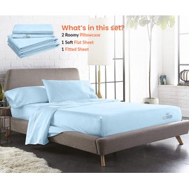 SGI 500 TC 100% Egyptian Cotton Bed Sheets, Luxurious for Premium Hotel Quality 4Pc Sheet Set - 1 Fitted Sheet, 1 Flat Sheet & 2 Pillowcase 15" inch Deep Pocket (Olympic Queen, Light Blue Solid)