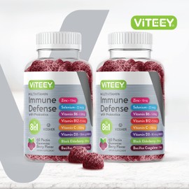 Viteey Multivitamin Gummies 8 in 1 Immune Support Supplement with Probiotics - Immune Boosters for Adults & Teens - Vegetarian, Gelatin Free, GMO Free - Chewable Berry Flavored Pectin Immune Defense Gummy