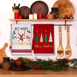 Bencailor 11 Pcs Christmas Kitchen Decoration 6 Kitchen Dish Towels and 5 Wooden Spoons Set Hand Towel Gifts for Bathroom Home Christmas Gifts (Christmas Tree Style)