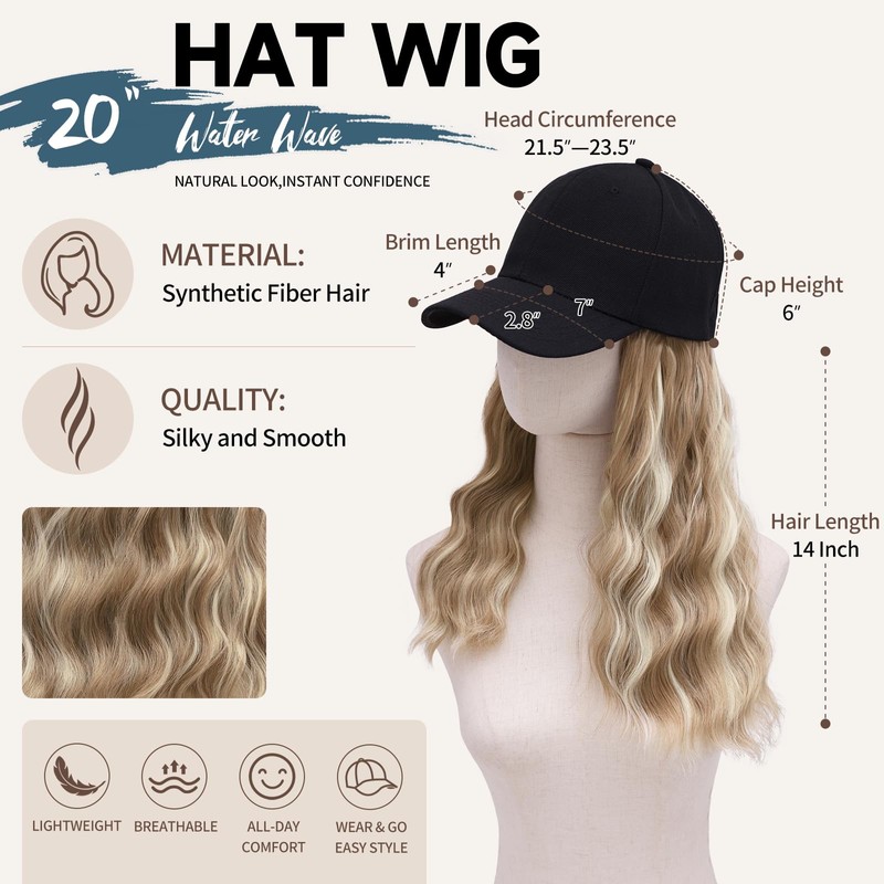 MORICA Hat Wig 20 Inch Water Wave Baseball Cap Wig