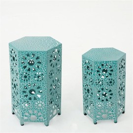 Afuera Living 2 Piece Outdoor Iron Side Table Set in Crackle Teal Sunburst