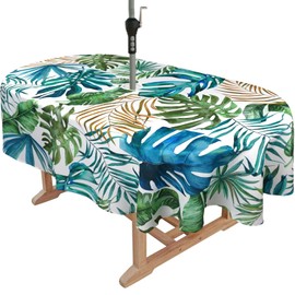 bnhjsdw Tropical Leaves Outdoor Tablecloth with Umbrella Hole for Oval Table, Waterproof Green Leaf Patio Table Cloth with Zipper - 60 x 84 inches