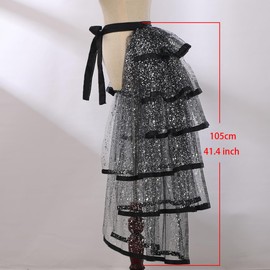 Steampunk Sparkle Sequin Tulle Tutu Bustle Skirts 6 Layer Overskirt Tie-on Belt, A-black With Silver-foil, One Size