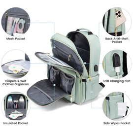 LOVEVOOK Diaper Bag Backpack, Quilted Baby Bag with Changing Pad & Pacifier Holder, Waterproof Travel Diaper Bags with USB Charging Port for Baby Boys Girls, Stylish and Large Capacity, Mint Green